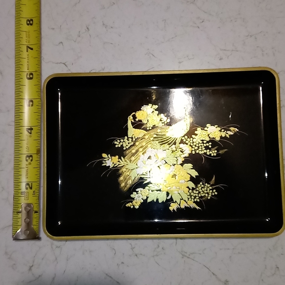 Otagiri Original Gold Peacock Flowers Black Lacquer Tray Dish Hand Crafted Japan - Picture 11 of 14